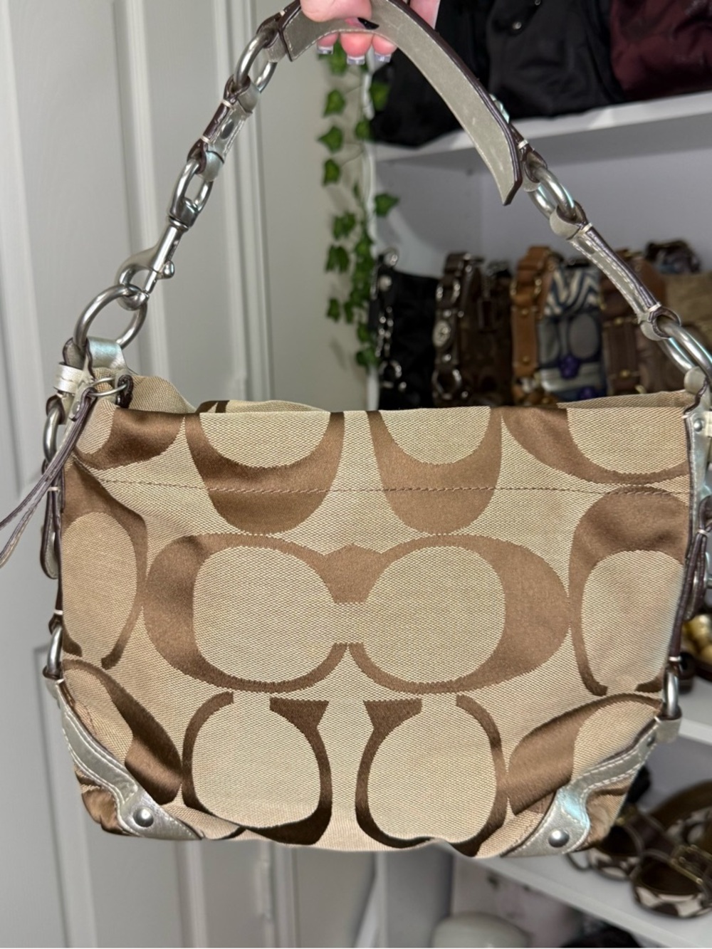 Coach Carly Beige and Brown Silver Trim Signature Jacquard Shoulder Bag